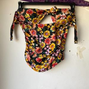 Zara floral printed bandeau bathing suit nwt black